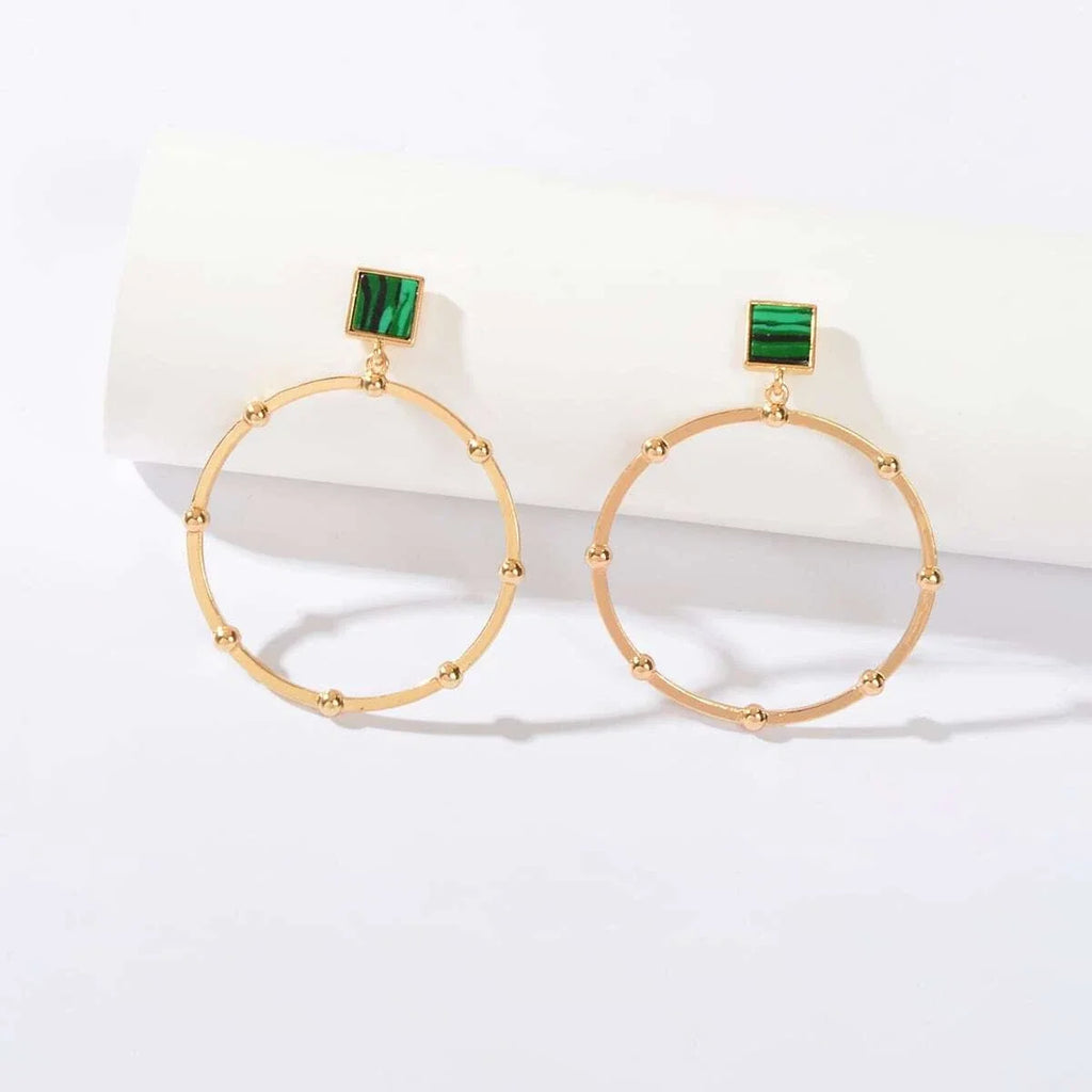 Trendy Jewellery Green Squre Decor Gold Circle Statement Dangle Party Earrings