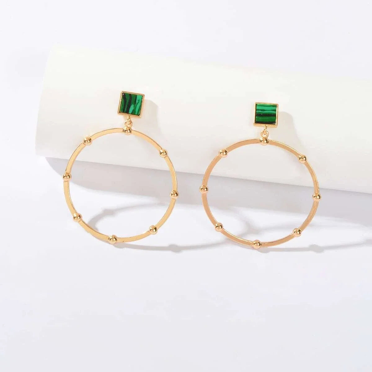 Trendy Jewellery Green Squre Decor Gold Circle Statement Dangle Party Earrings