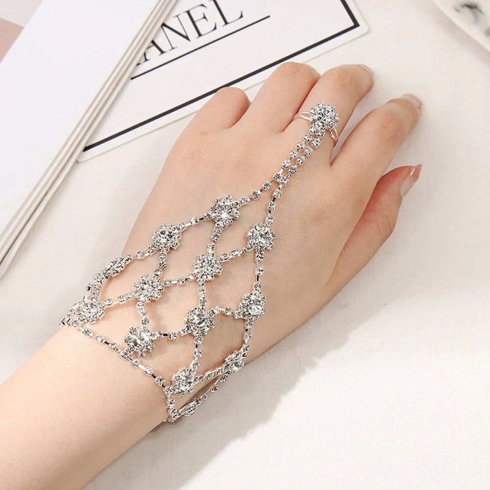Rhinestone flower bracelet connector with matching ring, linked chain and dangling blooms