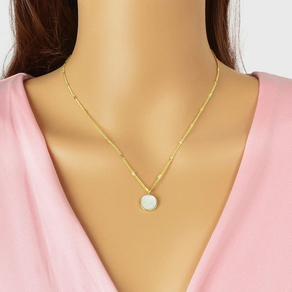 Textured Jewellery Gold Chain White Enamel Round Pendant Necklace Accessories