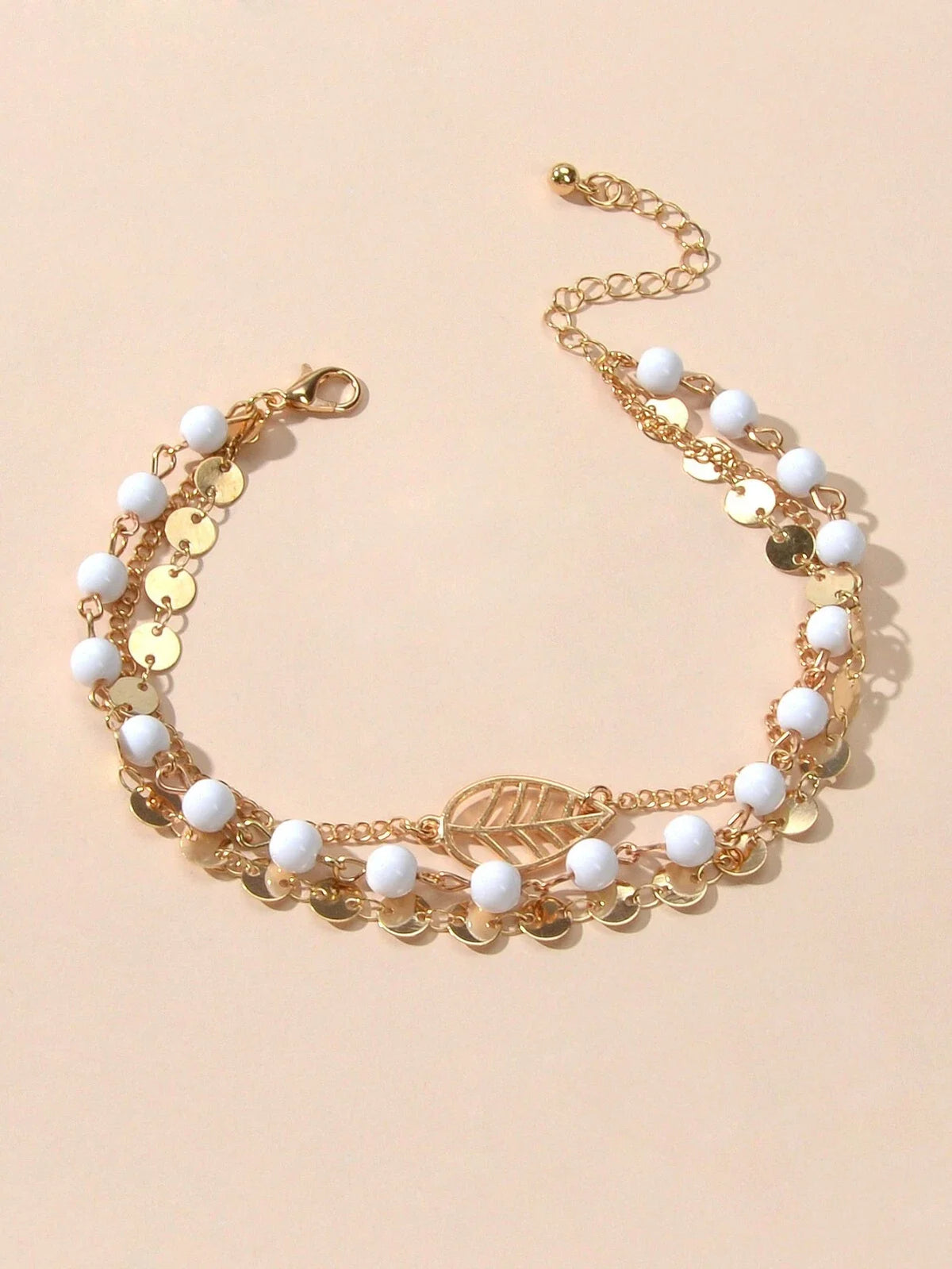 1 pc Foot Beach Jewellery Gold Silver Multi-layer Chain White Beads Leaf Anklet
