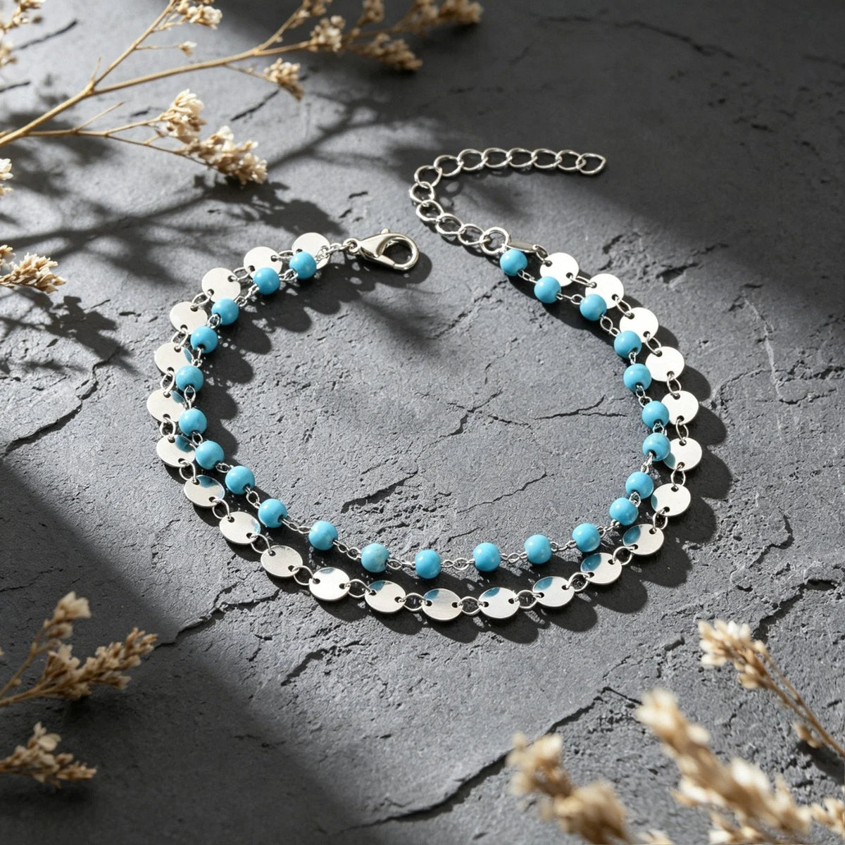 Silver-tone beaded disc anklet with turquoise beads and circular charm links