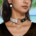 Black and white PU leather choker with silver O-ring clasp and snap studs
