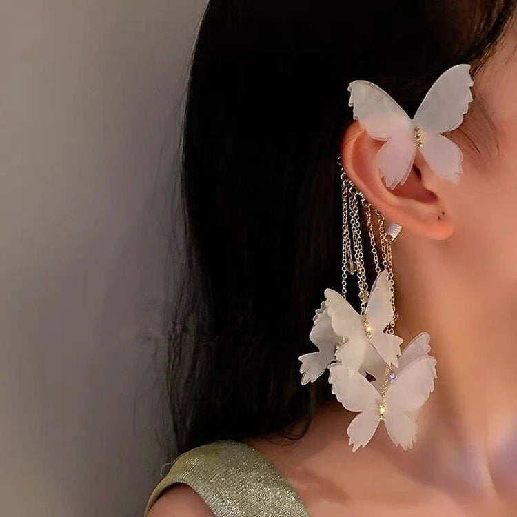 1pc Gold Tassel Chain White Handmade Butterfly Dangle Earring Ear Cuff Climber