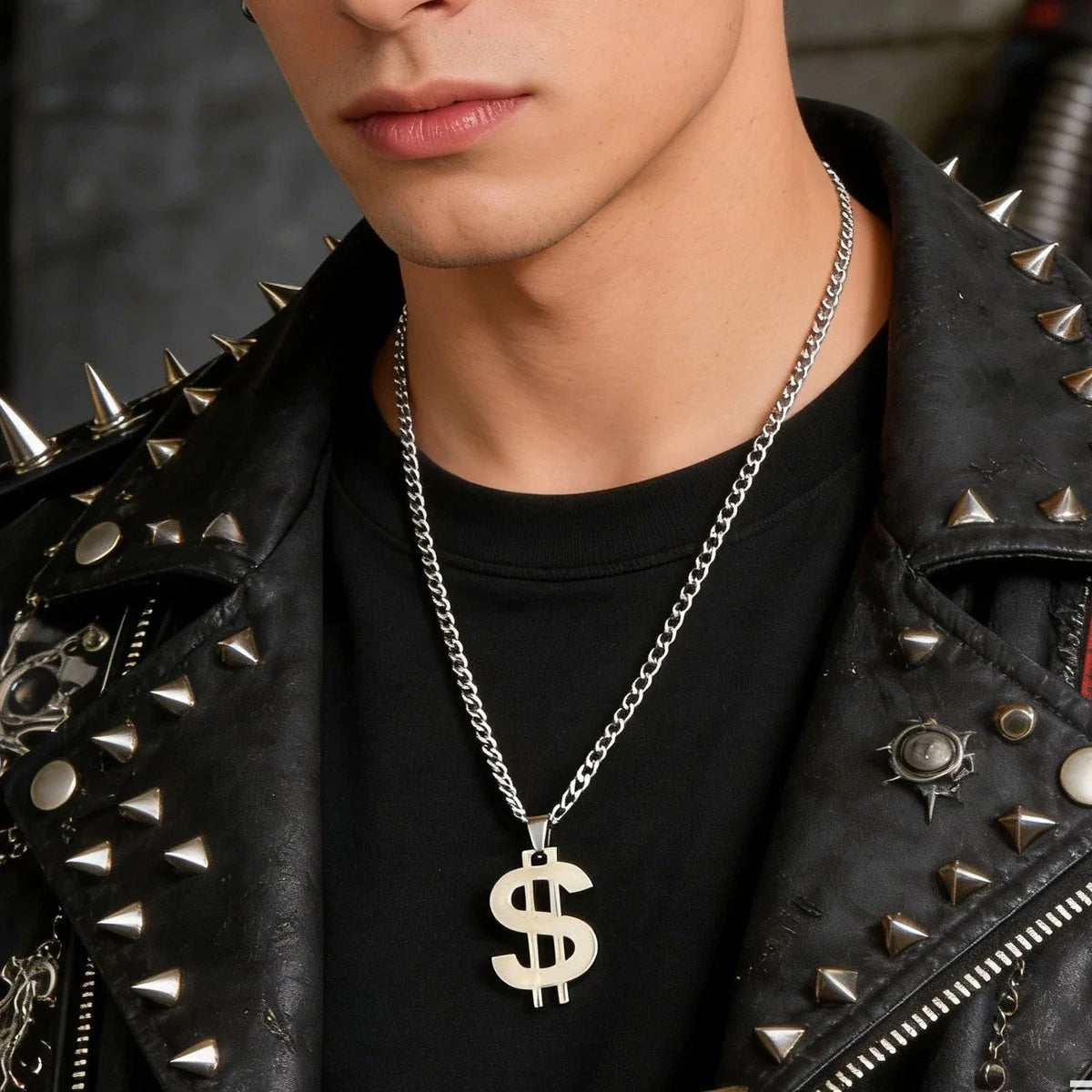 Silver-tone Cuban link chain necklace with dollar sign pendant, close-up