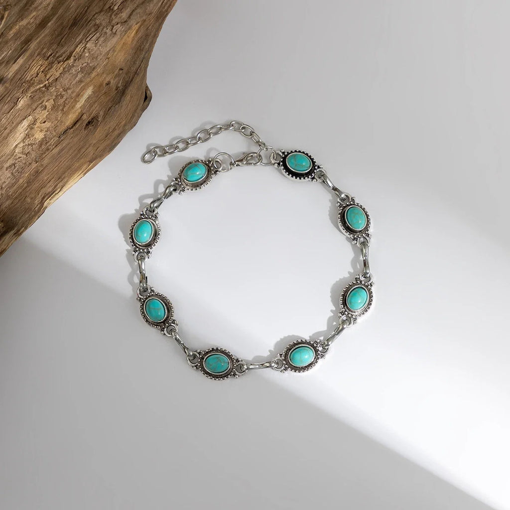 Vintage Boho Chic Tribal Ethnic Antique Silver Turquoise Anklet Foot Jewellery