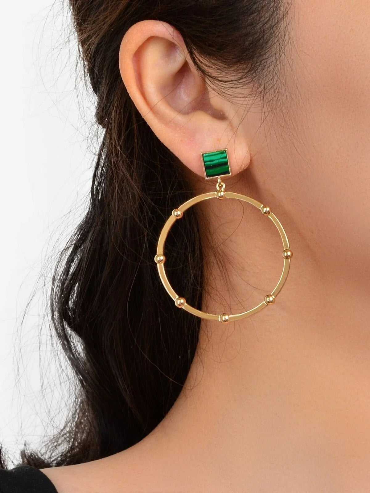 Trendy Jewellery Green Squre Decor Gold Circle Statement Dangle Party Earrings