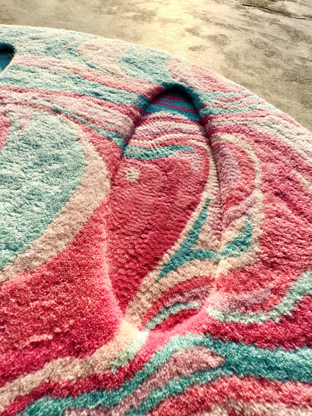 Hand Tufted Smiley Face Round Wool Rug | Pink, Aqua Blue & White | Smiley by Rugfine