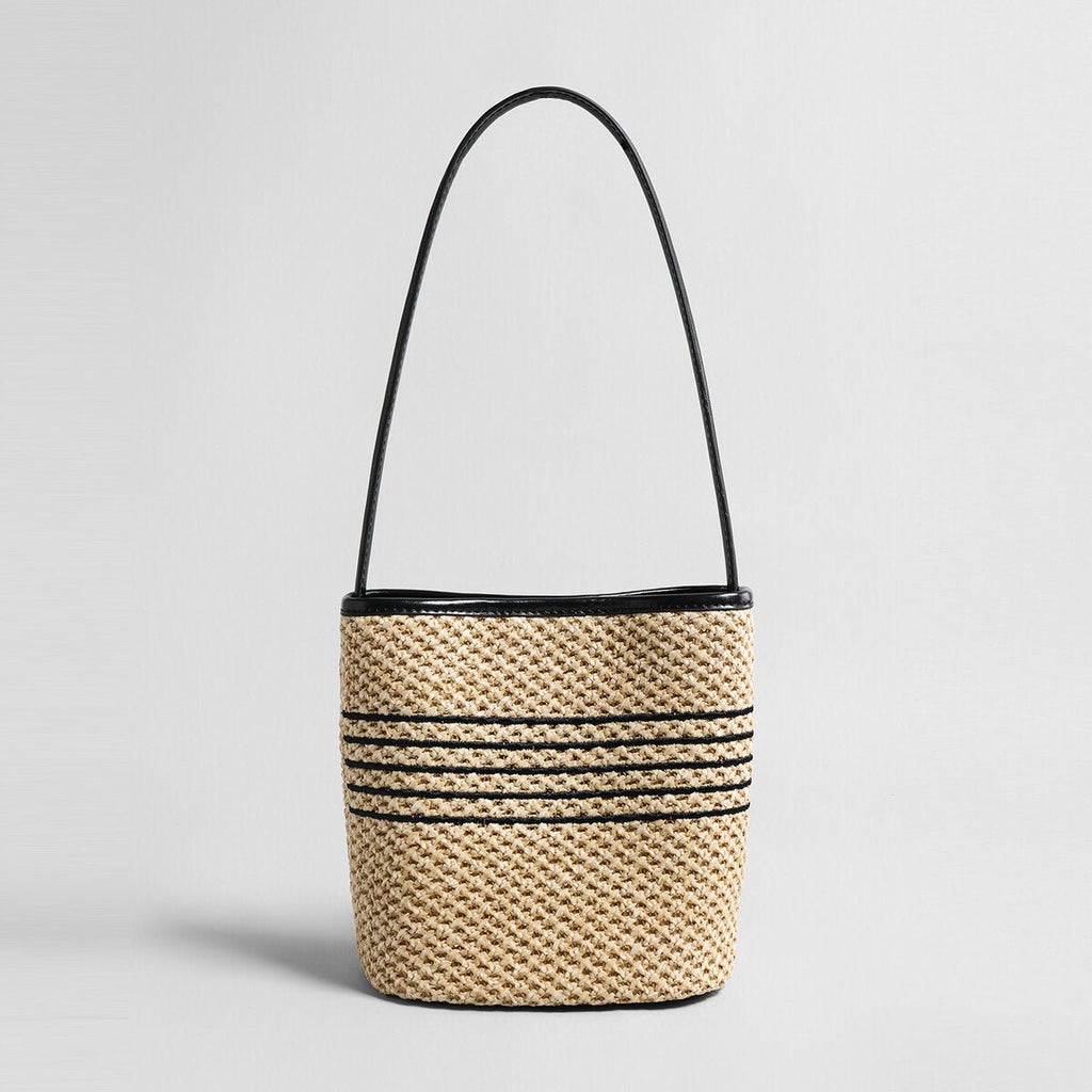 Striped Woven Straw Bucket Bag – Marte Grass Leather Trim Shoulder Bag - Buckets at Dealshubindia