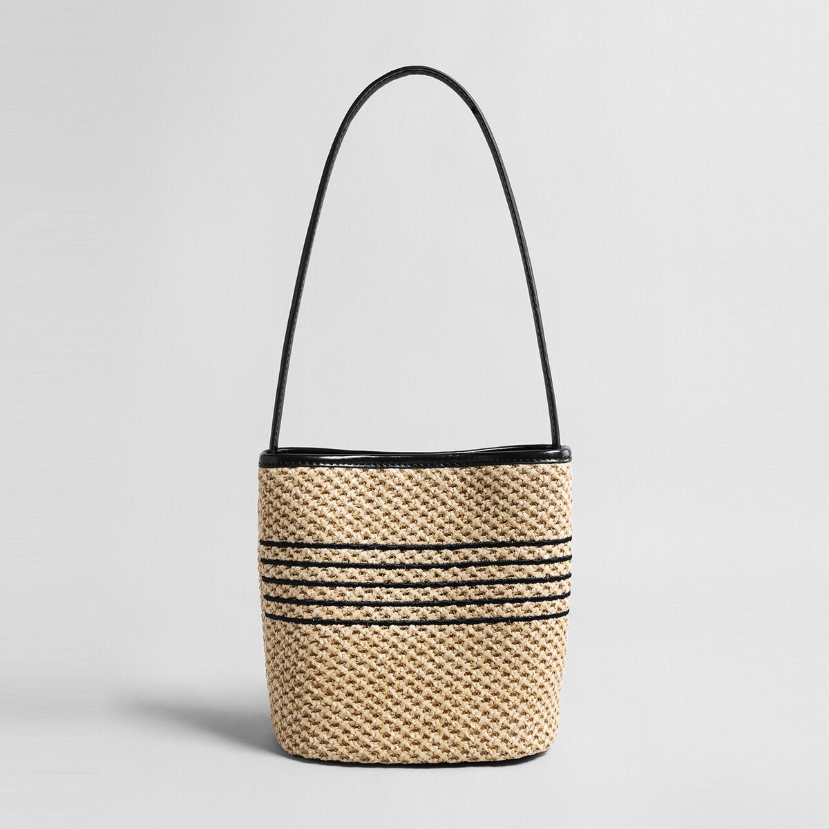 Striped Woven Straw Bucket Bag – Marte Grass Leather Trim Shoulder Bag - Buckets at Dealshubindia