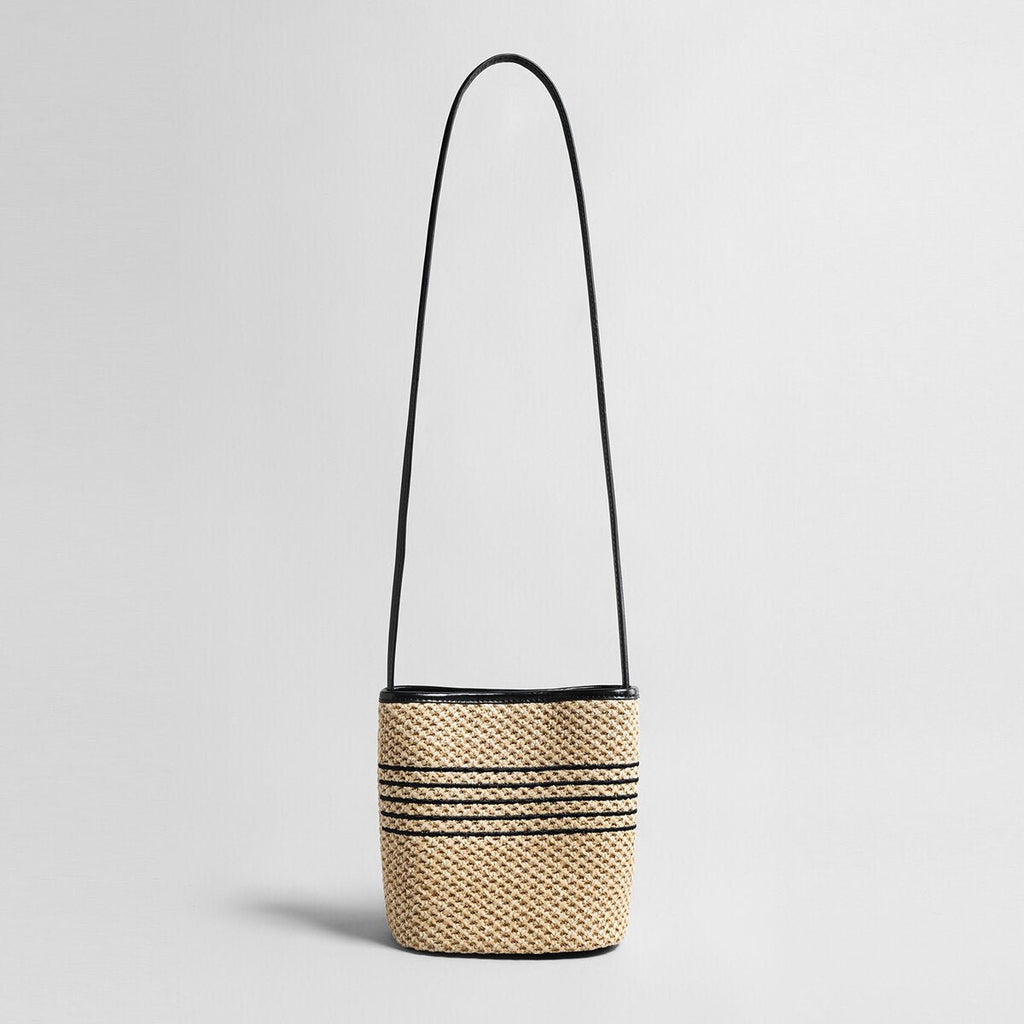 Striped Woven Straw Bucket Bag – Marte Grass Leather Trim Shoulder Bag - Buckets at Dealshubindia