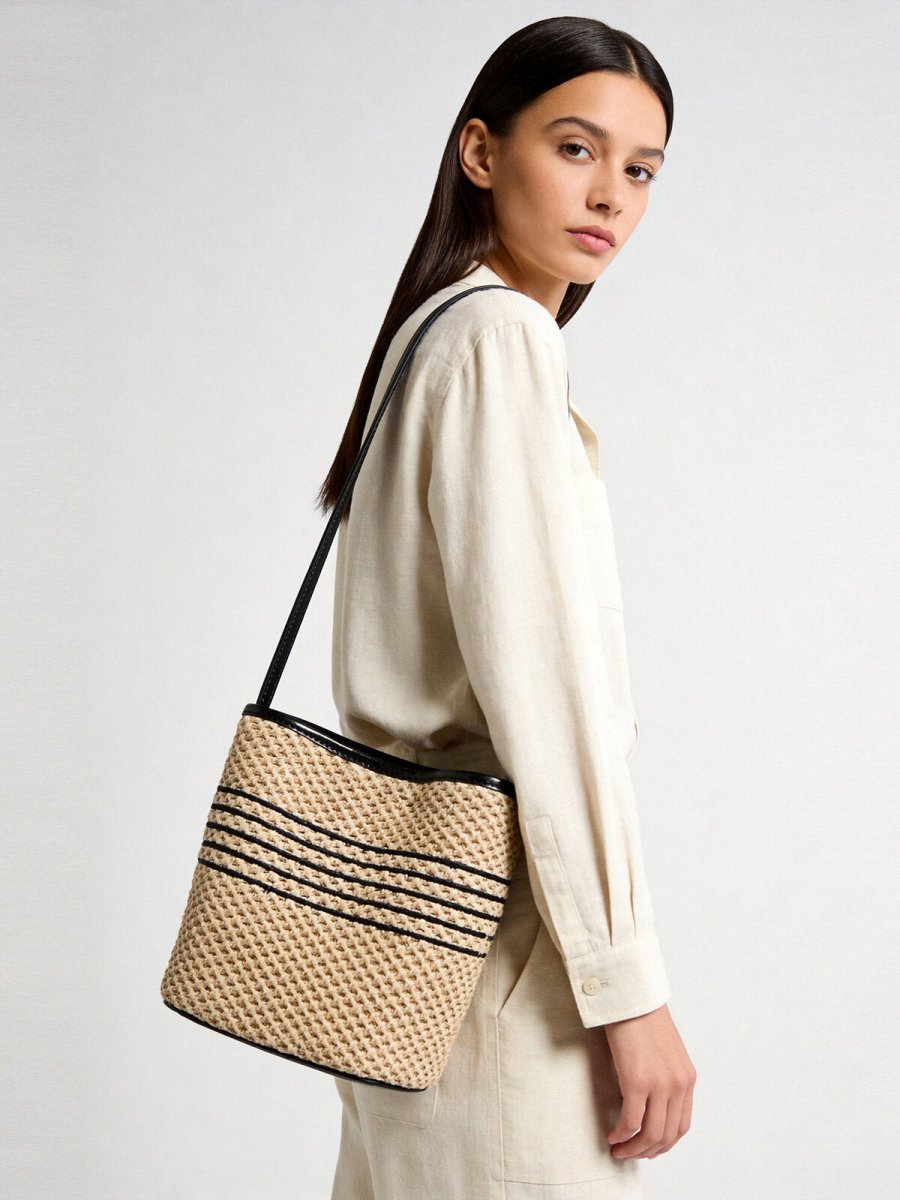 Striped Woven Straw Bucket Bag – Marte Grass Leather Trim Shoulder Bag - Buckets at Dealshubindia