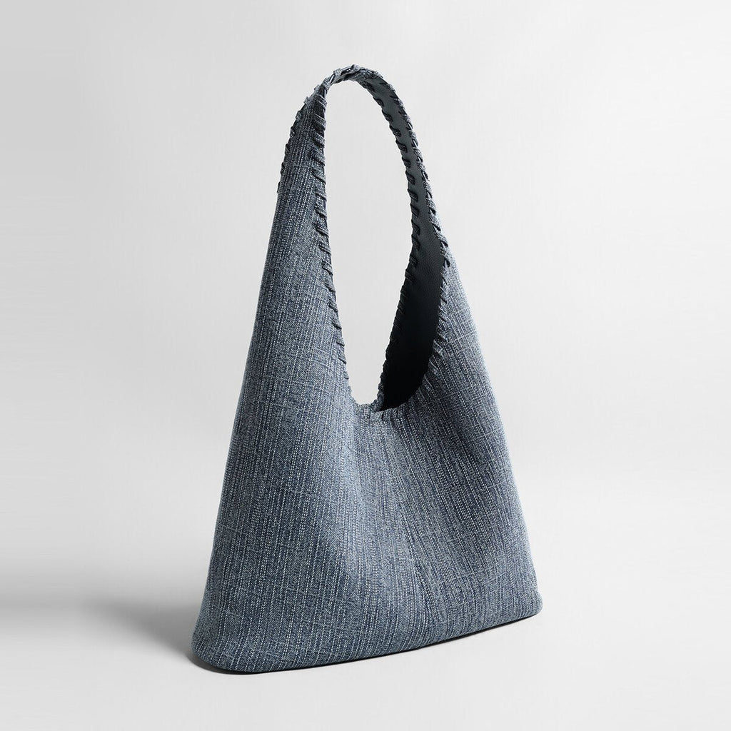 Textured Denim-Style Woven Hobo Tote Bag – Whipstitch Trim Shoulder Bag with Leather Lining - Totes at Dealshubindia