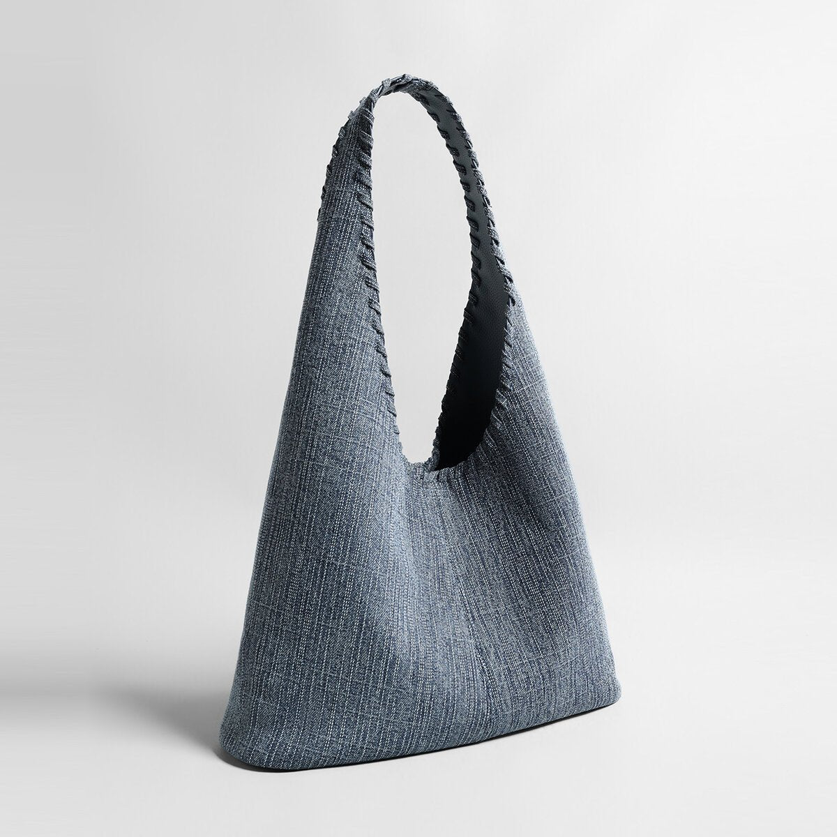 Textured Denim-Style Woven Hobo Tote Bag – Whipstitch Trim Shoulder Bag with Leather Lining - Totes at Dealshubindia