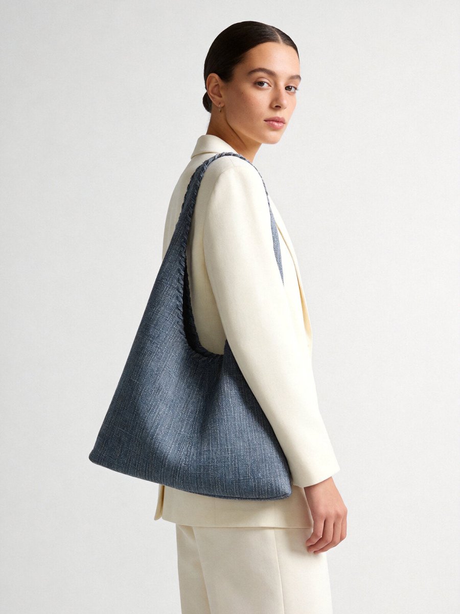 Textured Denim-Style Woven Hobo Tote Bag – Whipstitch Trim Shoulder Bag with Leather Lining - Totes at Dealshubindia