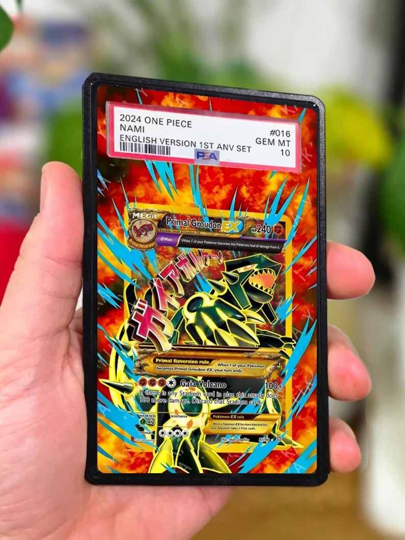 Primal Groudon EX graded trading card in black slab, colorful extended artwork