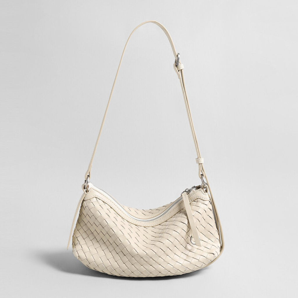Woven Lambskin Leather Crescent Shoulder Bag – Intrecciato Weave with Adjustable Strap - Shoulder Bags at Dealshubindia