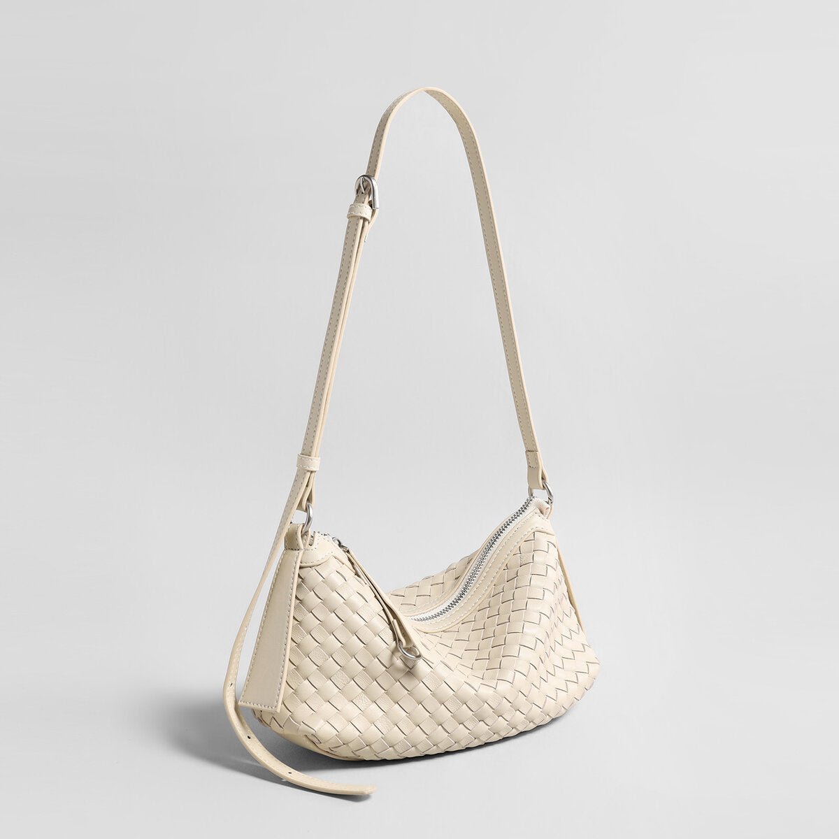 Woven Lambskin Leather Crescent Shoulder Bag – Intrecciato Weave with Adjustable Strap - Shoulder Bags at Dealshubindia