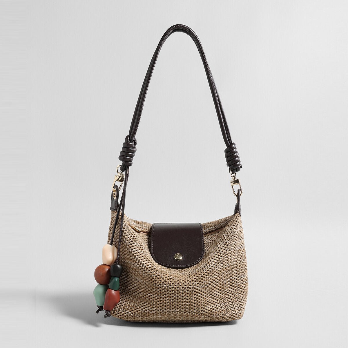 Woven Textile Shoulder Bag – Leather Flap, Beaded Charm & Convertible Strap - Shoulder Bags at Dealshubindia