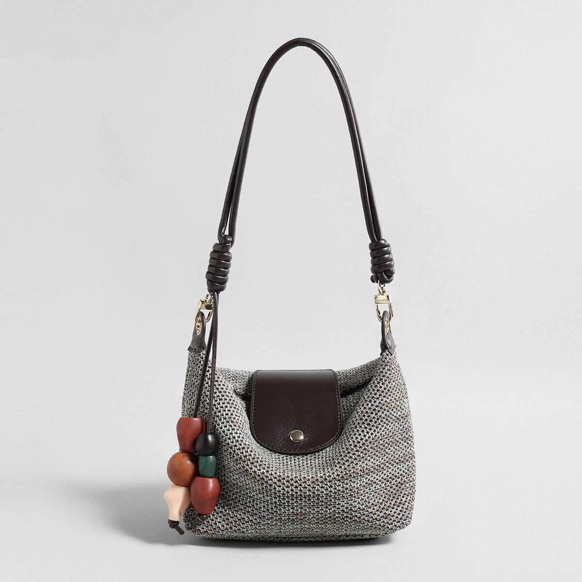 Woven Textile Shoulder Bag – Leather Flap, Beaded Charm & Convertible Strap - Shoulder Bags at Dealshubindia