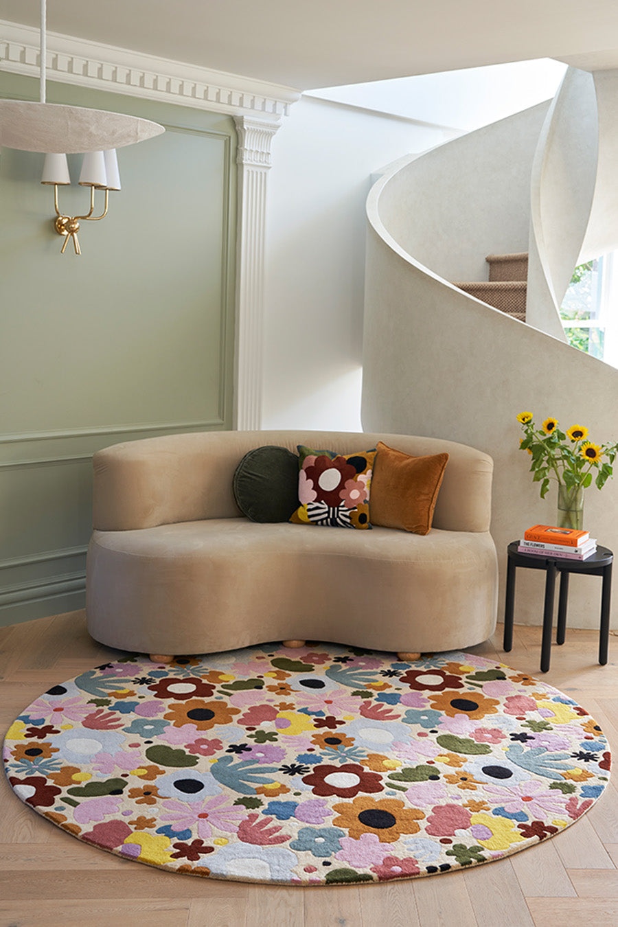 Hand Tufted Retro Floral Round Wool Rug | Cream, Blush Pink & Burnt Orange | Zestnik by Rugfine